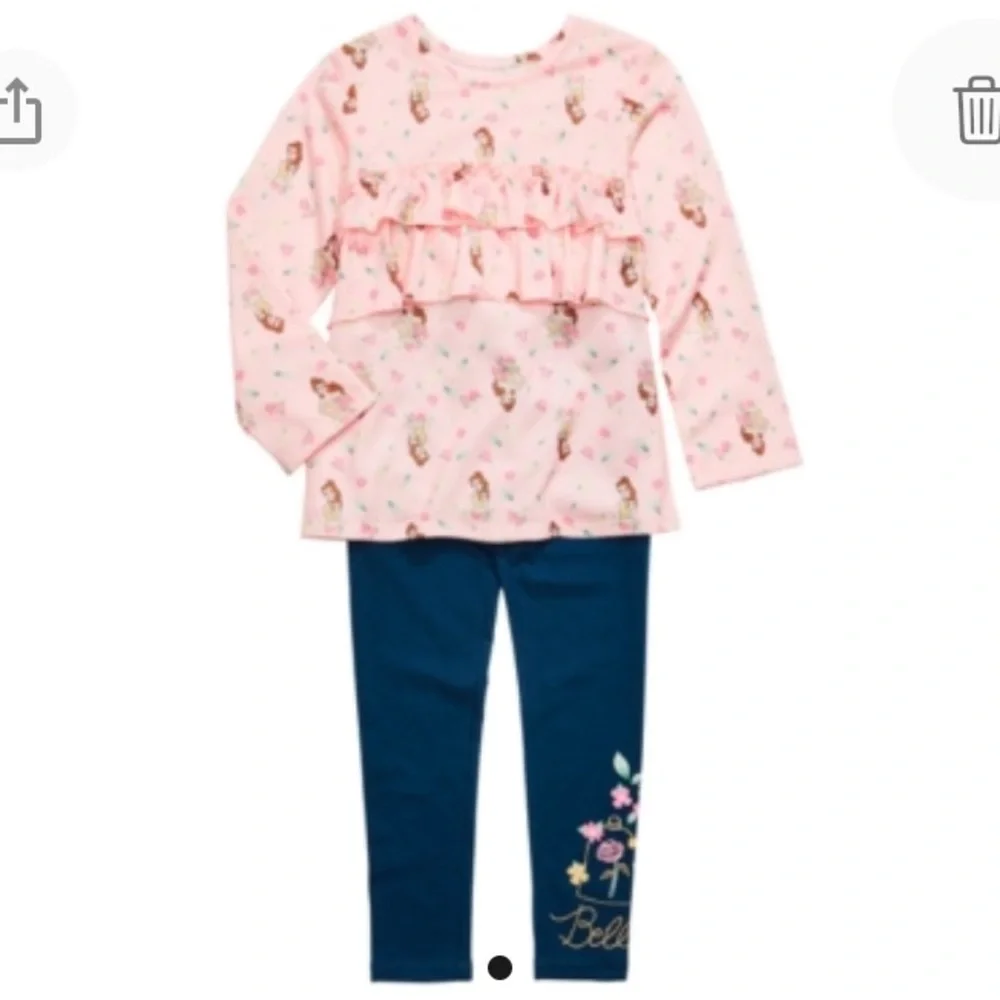 NEW Disney Belle Girls 2 Piece Ruffle Top and Leggings Set, Size 4, Pink Blue